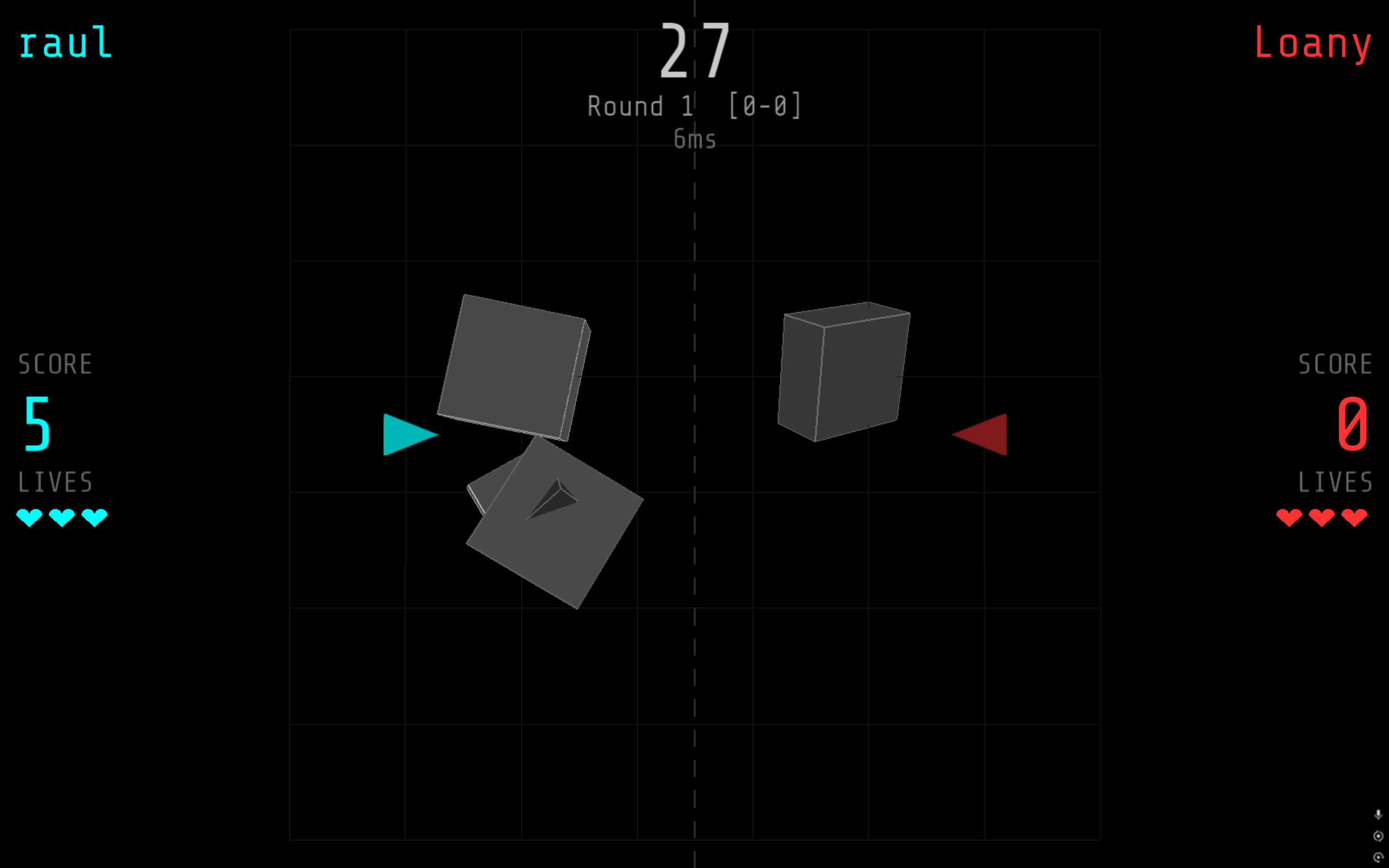 Gameplay screenshot: two ships and several asteroids in a dark arena, with each player’s name, score and lives on the HUD.
